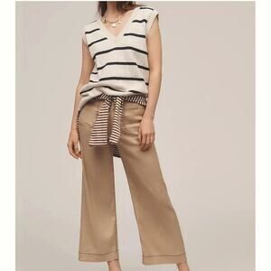 The Colette Contrast-Stitch Linen Crop Wide-Leg Pants by Maeve Sz 28 Kahki
